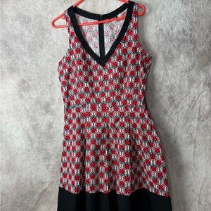 Retrolicious Red and Black Geometric Lady bug Midi Dress. Summer dress XL